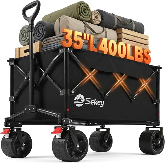 Sekey 250L Wagons Carts Foldable with Big All-Terrian Beach Wheels, Collapsible Heavy Duty Wagon, Extra Large Folding Wagon,Foldable Wagon for Camping, Garden, Sports. Black