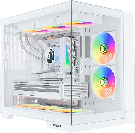 Sevenhero H602 ATX PC Case with 5 ARGB High-Airflow Fans, Mid Tower Gaming Computer Case, Panoramic Tempered Glass, Dual Chamber Design, Type-C, Support 360mm AIO Cooler, 400mm GPU, 200mm PSU, White