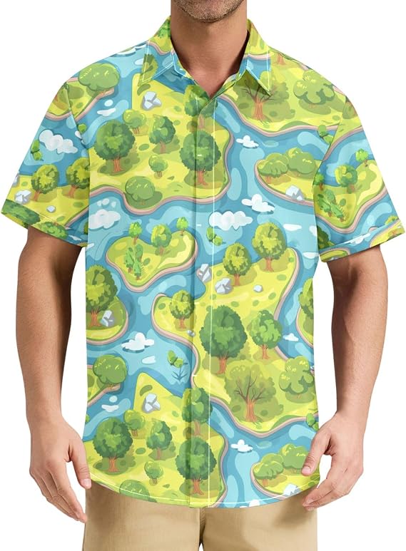 Mens Button Down Shirts Short Sleeve Island River Landscape Pattern Wrinkle Free Hawaiian Shirt Casual Office