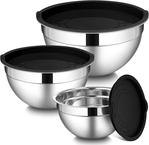 LIANYU Mixing Bowls with Lids Set of 3, Stainless Steel Nesting Metal Bowls