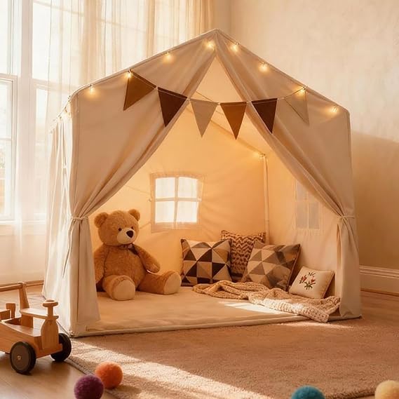 Kids Play Tent, Indoor Playhouse with Mat/Star Lights/Flag - Large 57"x36"x52" Play Tent for Kids, Reading Nook & Playroom Canopy for Boys and Girls(Beige