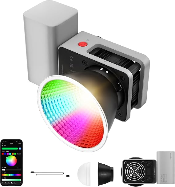 ZHIYUN CX50 50W LED Video Light with Built-in 4500mAh Battery, Bi-Color 2700K-6500K COB Portable Continuous Output Lighting for Filmmaking/Live Streaming/Videography/Studio Photography