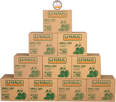 U-Haul Small Moving Boxes - Pack of 10 Boxes with Handles - 12-5/8 x 16-3/8 x 12-5/8- Bonus Roll of Tape Included