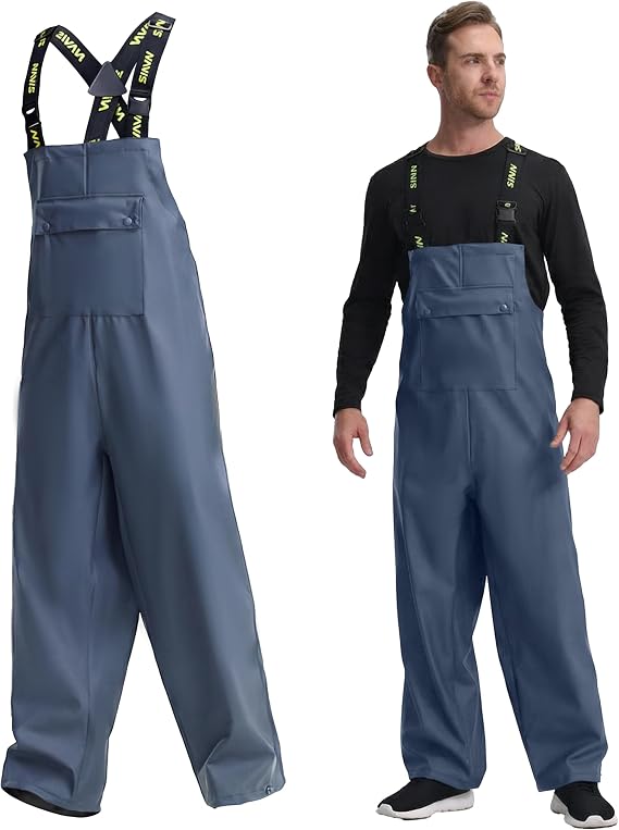 Men's Waterproof Bib Overalls Heavy Duty Work Rain Pants | PU Coated Fabric Workwear, Adjustable Suspenders, Chest Storage Pocket, Fishing, Farming, Outdoor Use