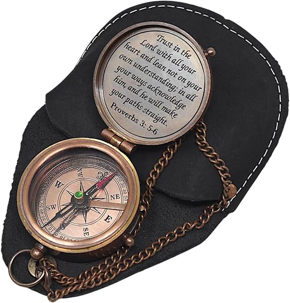 Proverbs 3: 5-6 Engraved Compass Gift for Men, Trust In The Lord Inscription Compasses Graduation Gift, Confirmation Gift, Baptism Religious Gift, Communion Survival Brass Compass With Leather Case