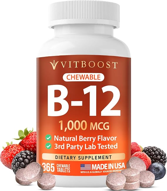 VITBOOST Vitamin B12 1000 mcg Chewable Tablets Natural Berry Flavor, 365 CT