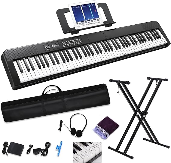 88 Key Piano Keyboard, Electric Digital Piano with Semi Weighted Keys, Keyboard Piano with Sustain Pedal, Power Adapter, Stand, Carrying Case, Headphones, USB-MIDI Compatibility, for Beginner Adults