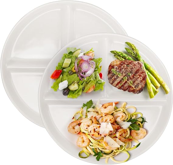 2 Pack Ceramic Portion Control Plates for Adults, 9.5 Inch, White | Porcelain Divided Plate, 3 Compartment Dinner Plates for Balanced Meal, Weight Loss