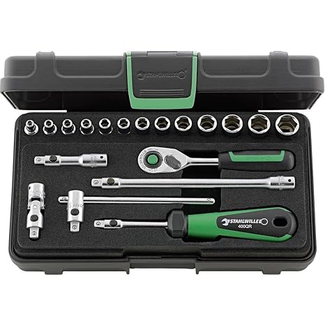 Stahlwille 96011180 Socket Set 1/4" No. 40/13/6QR, 19 Pieces (13 Sockets with Hexagon No. 40, 1 Ratchet, 2 Extensions, 1 Universal Joint, 1 Drive Handle, 1 T-Handle), Made in Germany