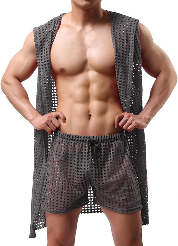 Men's Sexy Hooded Sleeveless Robes Set See Through Towel Bath Robe Nightwear Mesh Transparent Bathrobe