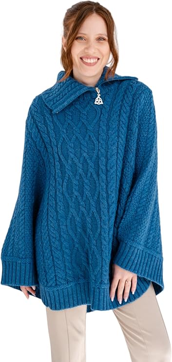 SAOL Ireland Ladies 100% Merino Wool Cowl Neck Zipper Poncho