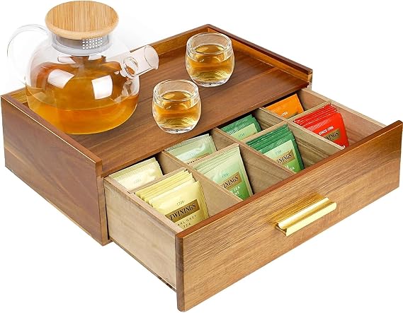 Acacia Wood Tea Bag Organizer, Tea Organizers and Storage Box, Tea Caddy for Tea Bags Storage Drawer, Teabag Holder Container Boxes for Countertop, Tea Station Chest Display Wooden, Organizador De Te