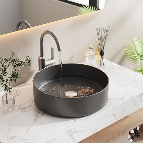 Vessel Sink 15.7" x 15.7" Round Bathroom Sinks Above Counter, Countertop Bathroom Vessel Sinks, Black Modern Ceramic Vanity Sink (15.7" x 15.7 black-round)