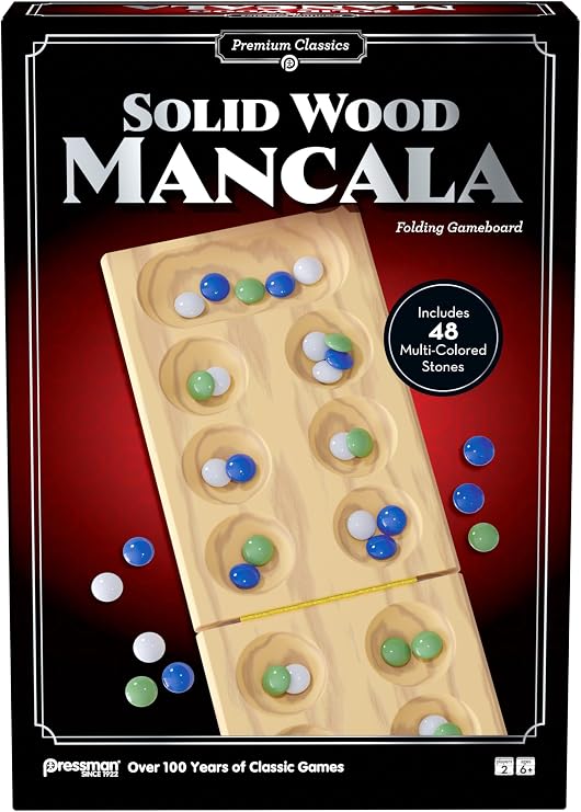 Pressman Premium Classics: Solid Wood Mancala Folding Gameboard | 48 Multi-Colored Stones | 2 Players, Ages 6+