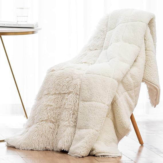 Wemore Jacquard Weighted Blanket for Sleeping and Relaxing 48 x 72 Inches 15lbs Cream White with Shaggy Long Fur Faux Fur Weighted Blanket 48 x 72 Inches 15lbs Cream White
