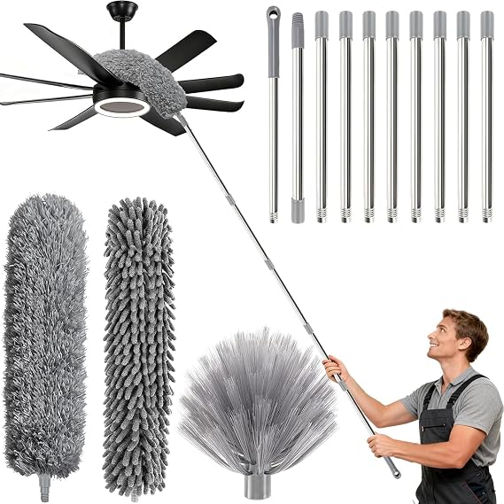 Feather Duster Extendable, 4.9M Extendable Duster Extra Long, Cobweb Brush Extendable, Reusable Flexible Duster with 10 Extension Rods