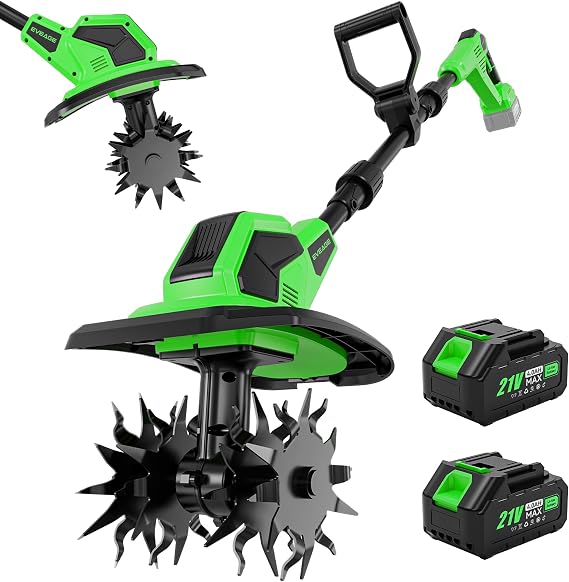21V Cordless Tiller Cultivator, 2x4.0Ah Battery Powered Electric Garden Tiller, 360RPM Rototiller with 48 Steel Tines, 9.7" Width & 7"