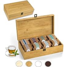 Bamboo Tea Organizer Box Chemical Free Eco-Friendly Big, Tall, Adjustable Cubbies Natural Wooden Storage Chest (8-Slot 14.3" x 8.1" x 4.2" Blank)