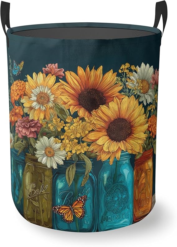 Laundry Basket With Handle, Dirty Clothes Laundry Hamper, Oxford Cloth Bin Storage Organizer for Toy Collection (Sunflower Butterfly Ikebana)