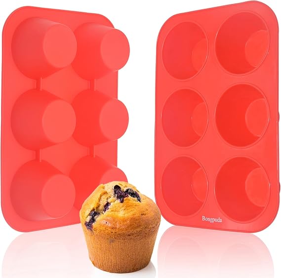 Silicone Muffin Pans,6 Cup Large Silicone Cupcake Pans,2-Pack | Platinum Silicone Jumbo Muffin Pans,Cupcake Tin for Egg Muffin,Big Cupcake,Non-Stick,Food Grade & Dishwasher Safe(Red)
