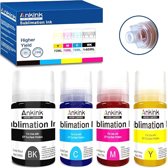 Ankink Sublimation Ink Autofill for Ecotank ET-2800 ET-2803 ET-2850 ET-2720 ET-2760 ET-4800 ET-15000 ET-2400 ET-3760 ET-4760 Heat Press Transfer on Mugs T-Shirts Anti-UV ICC-Free