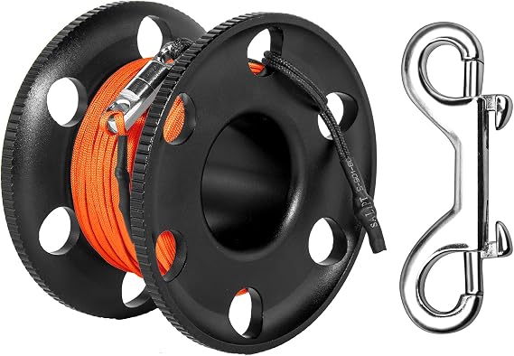 100FT Scuba Diving Reel with Bolt Snap, Aluminum Alloy Finger Spool with Braided Nylon Line Big Dive Reel for Scuba, Snorkeling, Spearfishing, Cave & Wreck Diving (Orange Line Black Reel)