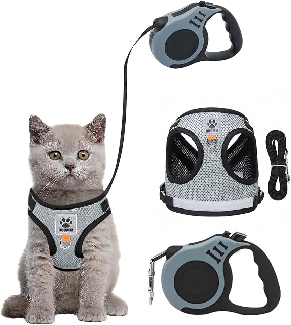 Cat Harness and Lead Set, Escape Proof Kitten Harness with Cat Leash, 3 M Automatic Retractable Lead for Garden, Reflective Adjustable Soft Vest for Pet Walking (Grey, S)