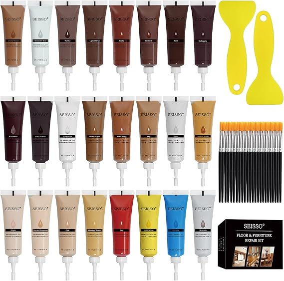 SEISSO Wood Furniture Repair Kit, 24 Colors Wood Fillters with Brushes Plastic Scraper Any Color for Stains, Scratches, Tables, Desks, Wooden Floors, Carpenters(Set of 50)