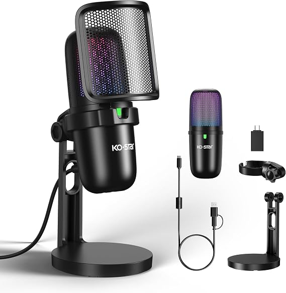 USB Streaming Gaming Microphone, PC Condenser Desktop Mic for Video, Home use, YouTube, with RGB Control, Gain Knob, 3.5mm Headphone Jack, Shock Mount, on Computer/PS5 - (Black)