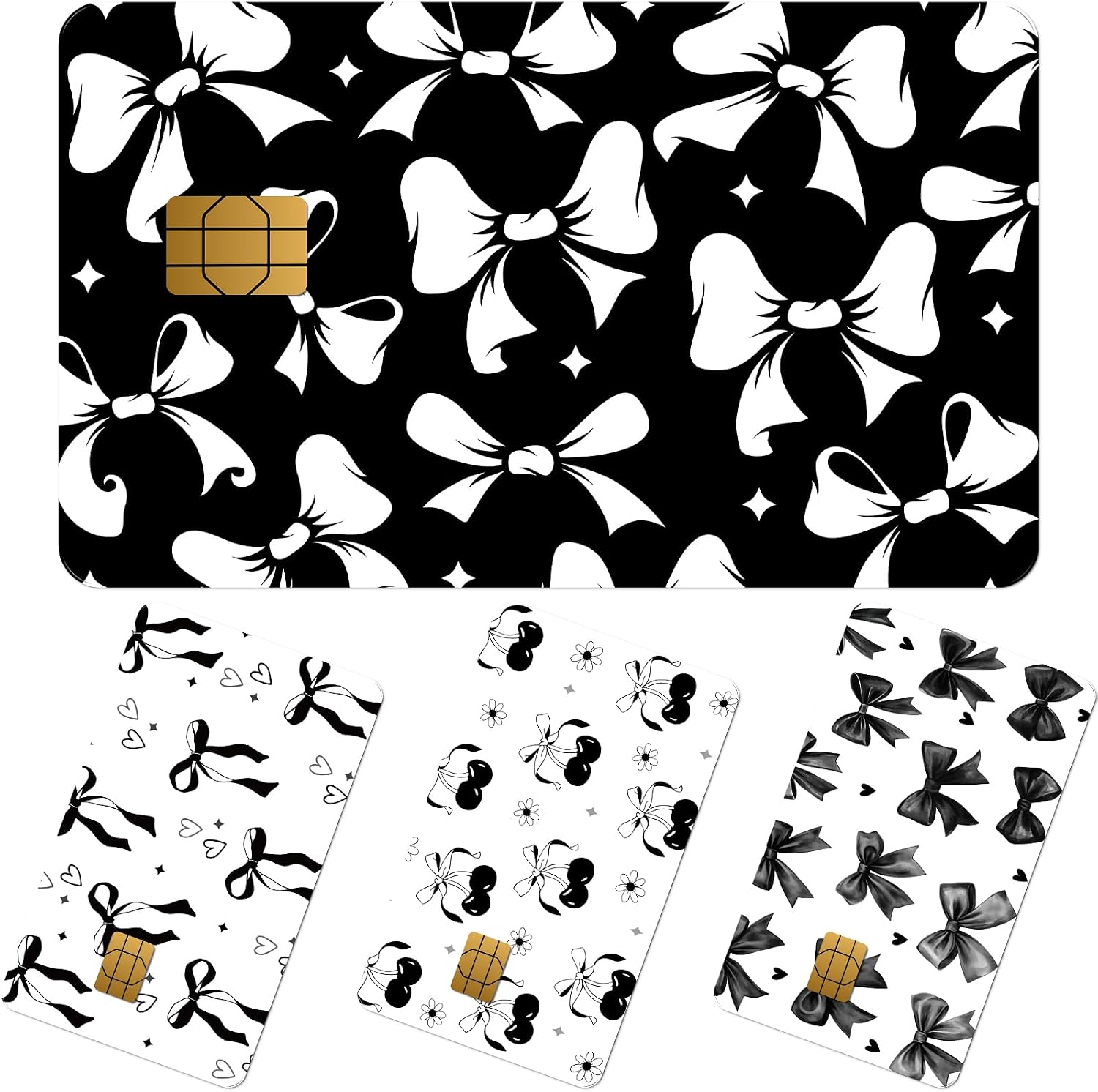 Credit Card Skin Stickers - 4 Pcs Coquete Debit Card Skin Stickers, Black and White Bow Cherry Removable Waterproof Decal Cover Set for DIY Key, Transportation