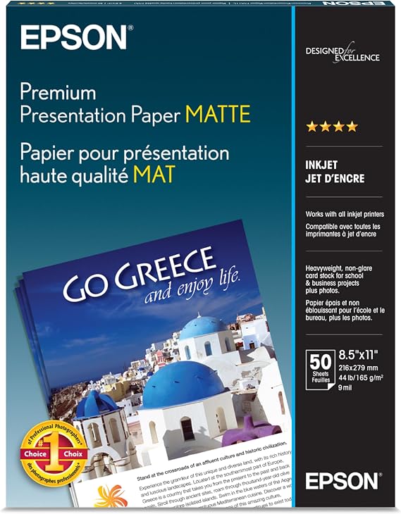 Epson Premium Presentation Paper Matte Letter Size 8.5x11 50 sheets S041257 | Heavy weight card stock with elegant matte finish. Works with inkjet printers.