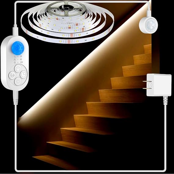 Dual Sensor Stair Lights Indoor, Motion Activated Plug-in Step Light Strip Indoor with Dimmer, Delay Timer for Stairway (Warm White 3000K (16.4FT Light Strip), Power Adapter (3.28FT Cable))
