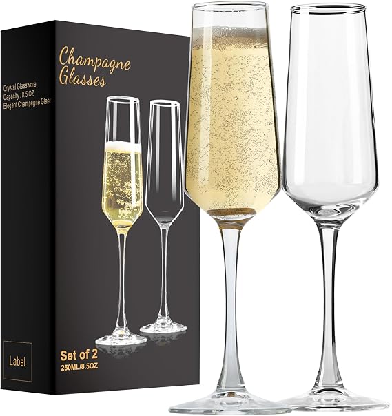 Champagne Flutes: Champagne Glasses Set of 2 for Wedding Toasts | Clear hand-blown glass pair for prosecco, weddings, anniversaries, birthdays, home bars and parties; gift-ready packaging