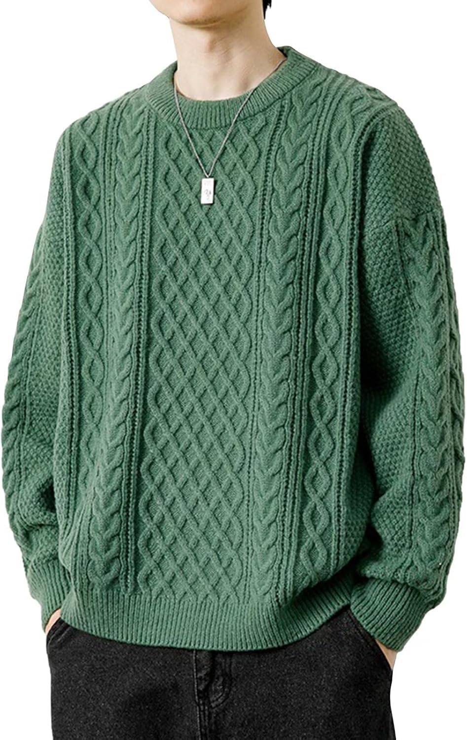YAYOKYA Mens Knit Sweater, Crew Neck, Cable Knitting, Long Sleeve, Unisex, Stretch, Knit Sweater, Thick, Autumn Clothing, Winter Clothes, Casual, Solid, Soft, Loose