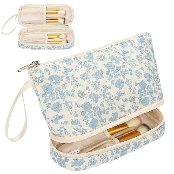 Small Makeup Bag 2 Layers Travel Cosmetic Bag with Makeup Brush Compartment