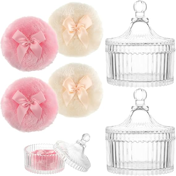 YEXEXINM 2 Pack 5.3" Clear Powder Puff Container with 4 Powder Puff, Empty Cosmetic Box with Yurt Shaped Design, Hard Texture Moisture Proof, Washable Sponge Case for Home Travel Women Men Child