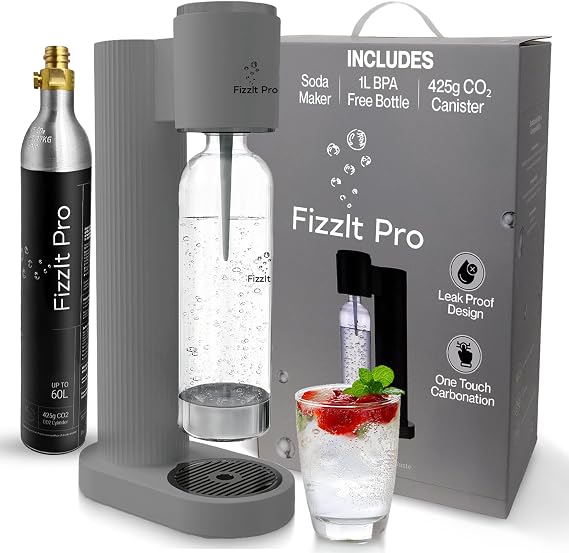 Soda Maker Machine, grey - Easy One-Touch Sparkling Water Maker with Reusable 1L BPA-Free Bottle, 425g CO₂ Canister - No Power Required, Durable & Modern Design for Home Use