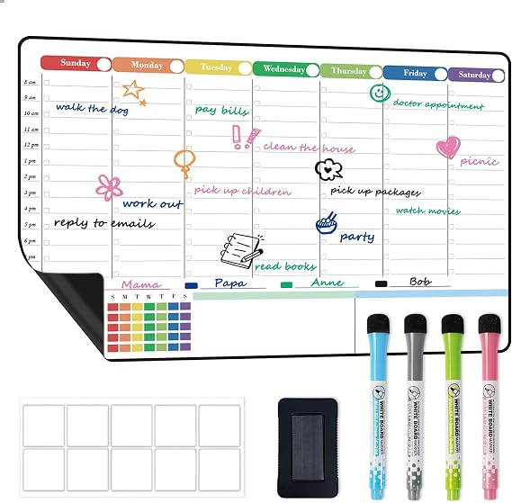 POPRUN Magnetic Weekly Planner Whiteboard for Fridge, Dry Erase Calendar