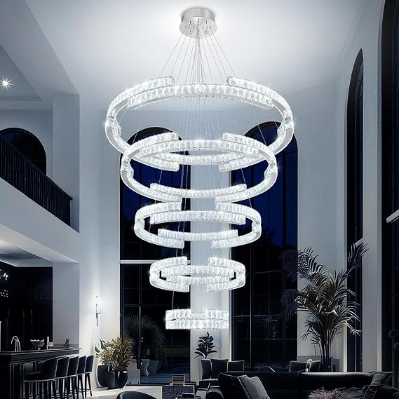 Modern Large Ring Chandelier Lighting, LED 5 Ring Crystal Chandelier High Ceiling Foyer Chandeliers for Staircase Living Room Silver D47.5''+D40''+D32''+D24''+D16''