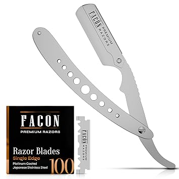 Facon Straight Razors for Men - Professional Barber Straight Edge Razor Kit with 100 Blades, Classic Stainless Steel Barbero Shaver for a Smooth & Precise Shave, Premium Barber Razor for Men's Shaving