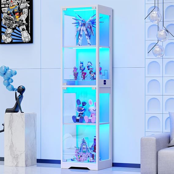BROTTAR Display Cabinets with Glass Doors & 3 Color LED Lights,4 Tier,Black | Glass Display Cabinet with Human Body Sensor,Display Case Bookcase for Living Room,Bedroom,Playroom,Dining Room