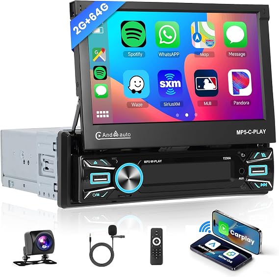 [Automatic] 2G+64G Single Din Flip Out Android Car Stereo Wireless Carplay Android Auto, 7 Inch Touch Screen Radio with GPS Navigation, WiFi Bluetooth Mirror Link FM/RDS Radio Receiver, Camera, SWC