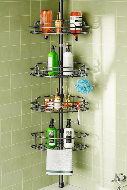 HAMITOR Telescopic Shower Caddy, 4 Tier Adjustable Bathroom Organizer | No-Drill Telescopic Pole Shower Organizer with Stainless Steel Shelves, Adjustable Height Storage for Small Bathrooms.