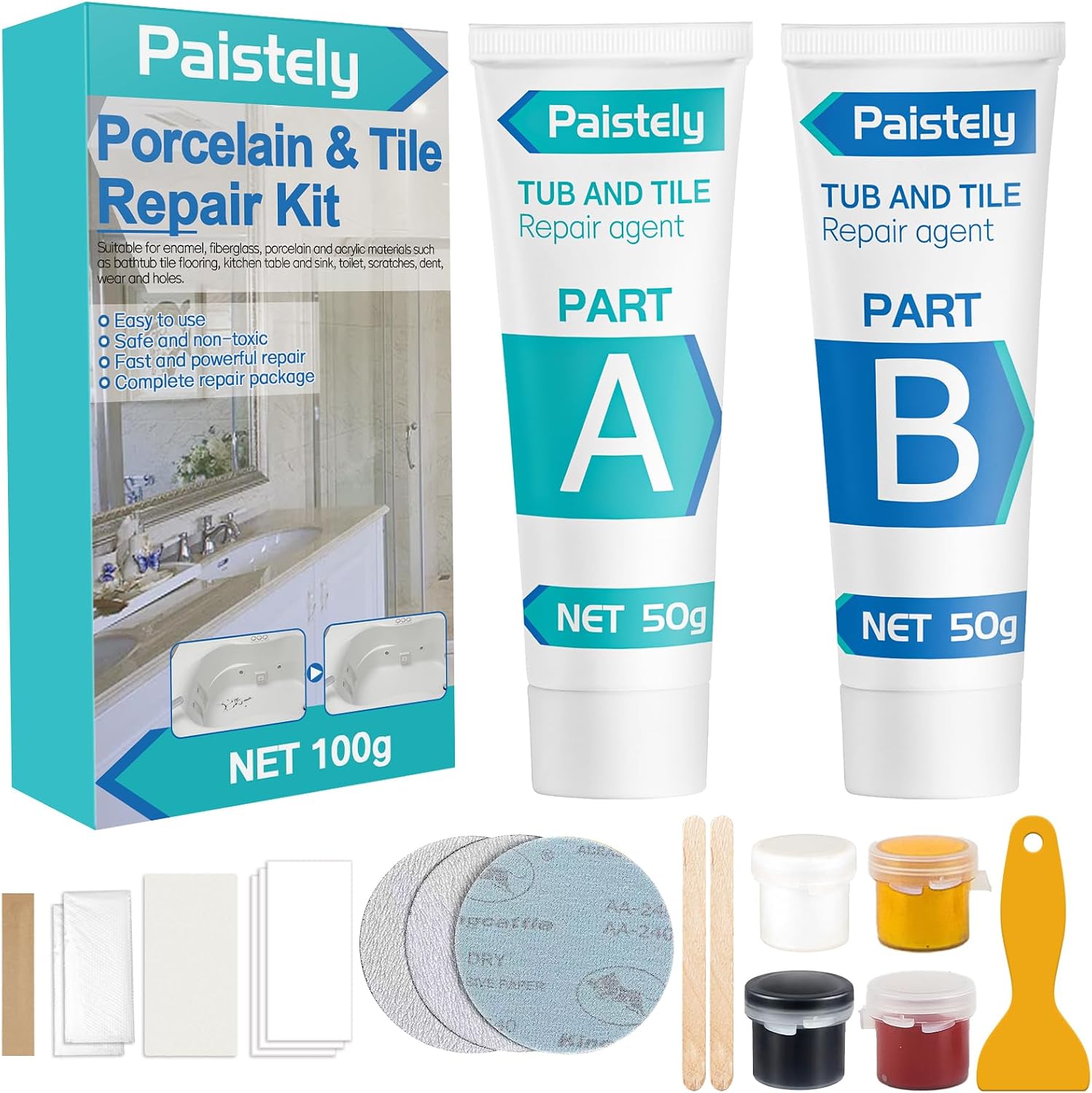 Porcelain Repair Kit, Tub, Tile and Shower Repair Kit, Waterproof and Leak-Proof Fiberglass Tub Repair Kit, Tile Repair Kit for Ceramic, Porcelain, Marble, Quartz, Resin, Granite and More 4 Colors