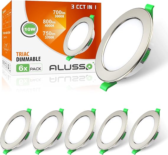 ALUSSO LED Recessed Ceiling Spot Lights Dimmable 10W 3CCT Nickel 6 Pack [Energy Class F]