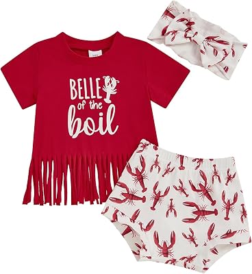 KMBANGI Baby Girl Crawfish Outfits Toddler Crawfish Boil Tassels T Shirt Lobster Bloomer Shorts Baby Smocked Summer Clothes