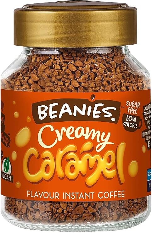 Beanies Instant Coffee Flavoured 50g, Freeze-Dried Granules, Quick & Easy to Brew, Nut-Free, Premium Taste,Rich in Flavour, Low-Calorie, Sugar-Free (50g, Creamy Caramel)