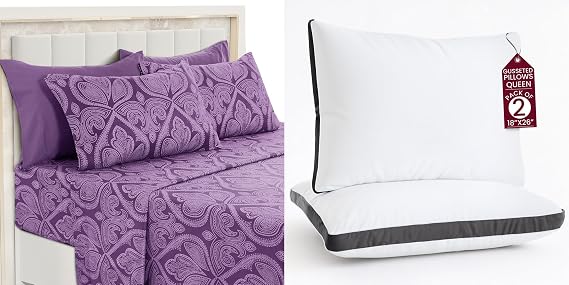 LUX Decor Paisley Queen Sheet Set + 2 Queen Gusseted Pillows 6 Piece Ultra-Soft Microfiber Bed Sheets with Flat Sheet, 16 Inch Deep Pocket & 4 Pillowcases, Breathable, Oeko-TEX Purple