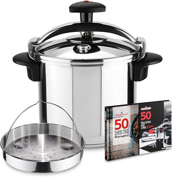 Magefesa Star Exclusive 8.4-Quart Pressure Cooker Set, Includes Steaming Basket & Recipe Book 18/10 Stainless Steel, Full Induction