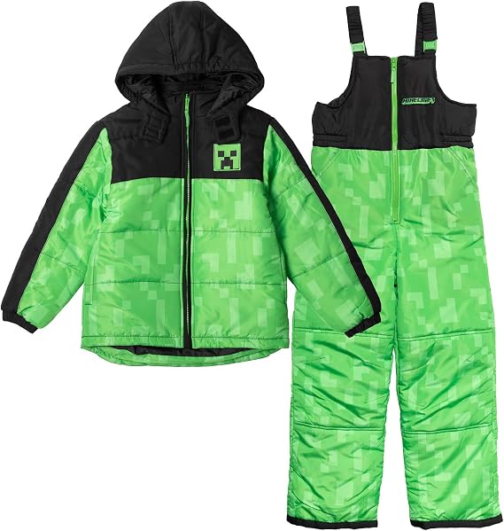 Minecraft Zombie Zip Up Puffer Jacket and Snow Bib Ski Pants Little Kid to Big Kid